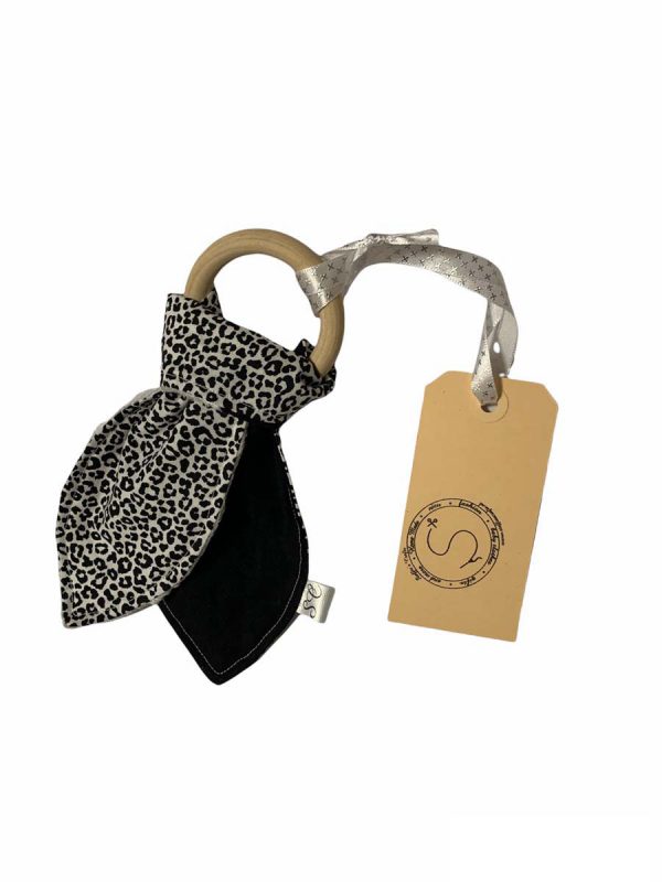 Bijtring 3 stof konijnenoren panterprint uni zwart minky fleece wit - Afbeelding 3